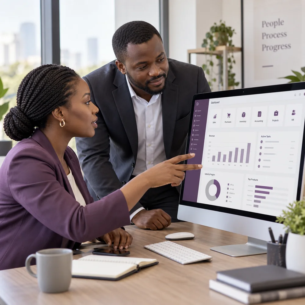 Illustration générée : une équipe utilise un tableau de bord de gestion générique, sans représenter une réalisation client ni une interface officielle Odoo